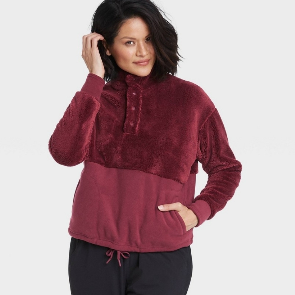 Sherpa Pullover Sweatshirt Athletic Wear, Burgundy